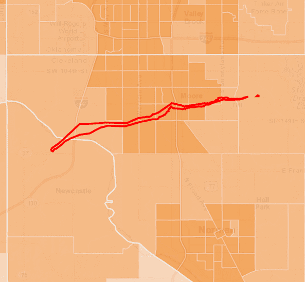 Figure 2. Map shows Census tracts in orange extending mostly outside of tornado impact area (outlined in red) in Moore Oklahoma (from ArcGIS Online web map at:http://bit.ly/1atvA04).