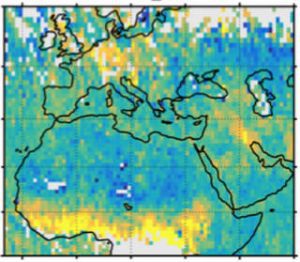 A map shows human carbon dioxide emissions over Europe, the Middle East and northern Africa. High emissions over Germany and Poland (top center) and Kuwait and Iraq (right) mostly come from burning fossil fuels, but over sub-Saharan Africa, they mostly come from fires. (Credit: FMI)