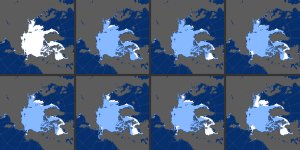 Eight panels show the November Arctic sea-ice extent roughly every five years since 1978, when satellites started monitoring sea ice. (Credit: NASA Earth Observatory images by Joshua Stevens, using data from the National Snow and Ice Data Center)