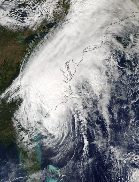 On Oct. 8, NASA’s Aqua satellite captured this visible image of Hurricane Matthew’s clouds over the southeastern United States. (Credit: NASA Goddard MODIS Rapid Response Team)