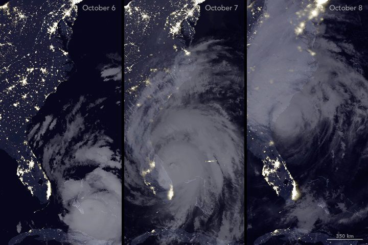 The Visible Infrared Imaging Radiometer Suite (VIIRS) on the Suomi NPP satellite captured three nighttime images of the Atlantic coast. The image on the left was acquired on Oct. 6; the middle image shows the same area on Oct. 7; and the image on the right was acquired on Oct. 8. (Credit: NASA Earth Observatory maps by Joshua Stevens, using VIIRS day-night band data from the Suomi National Polar-orbiting Partnership, data from the NASA-NOAA GOES project, and Unisys Weather.)