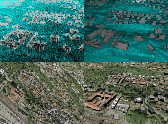 Fig. 4 - Top left: Wire frame screen capture of TIN with buildings added  Top right: Shaded screen capture of TIN with buildings added.  Bottom left: Top view of True Orthophoto.  Bottom right: Perspective view of True Orthophoto.