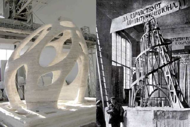 Fig. 22 - Left: Sandstone 3D printed structure, by d_shape. Right: Model for Monument to the Third International, Vladimir Tatlin.