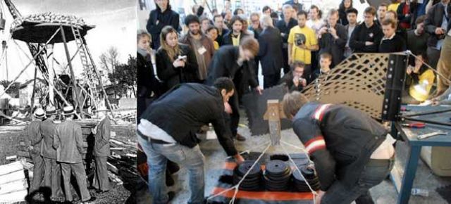 Fig. 26 - Left: Frank Lloyd Wright overseeing weight test through to failure for reinforced concrete 'lily-pad' column prototype for Johnson Wax Center, 1939 in Racine, Wisconsin. Right: Crowd-pleasing performance of weight-testing.