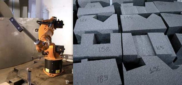 Fig. 29 - Left: Kuka robotic arm. Right: Polyurethane blocks, sculpted with individualized mortise-and-tenons and labelled in running sequence.