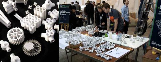 Fig. 34 - Left: Component pieces for 'Nonlinear Systems Biology and Design' cluster. Right: Workshop cluster participants preparing 'taxonomy' table of component joints in preparation for installation.