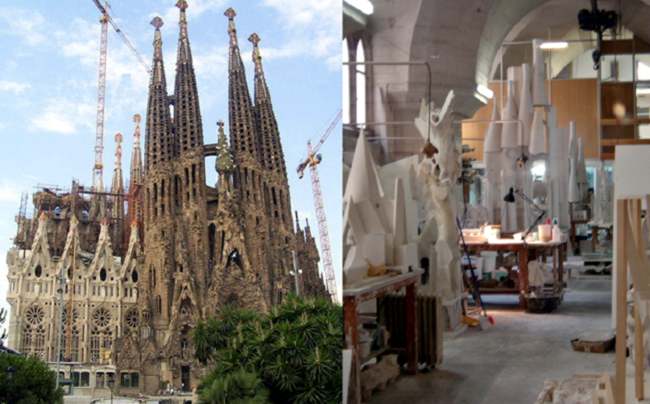 Fig. 3 - Sagrada Familia, Barcelona. Right: The model studio, with scaled models and studies along with digital and manual prototyping machines.