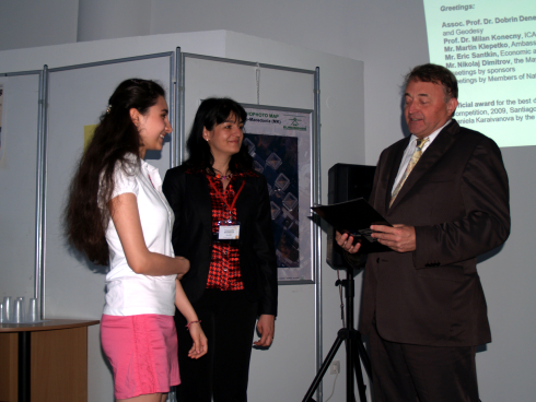15 years old Daniela Karaivanova received an International award by past ICA President M. Konecny and ICA co-chair Commission on Cartography and Children T. Bandrova