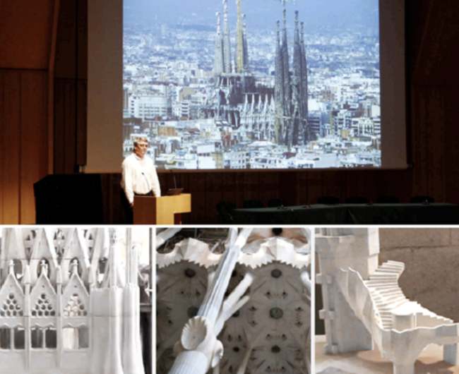 Fig. 7 - Mark Burry on home turf presenting his lifelong project on Sagrada Familia, alongside the intricate model studies for the remaining work produced efficiently and accurately on a Z Corporation Spectrum 3D printer, many of which have been produced on the Sagrada Familia premises.